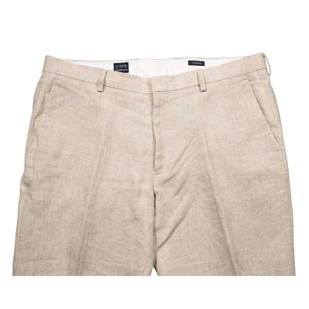 J.Crew Mens Dress Pants Beige Check 100% Linen Thompson Tapered Flat Front 38x31